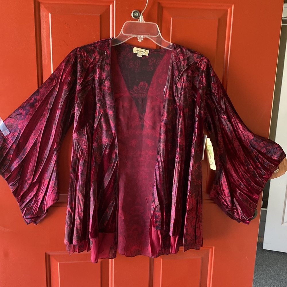 One World Jacket Duster- NWT Size Small burgundy/black BOHO velour/velvet